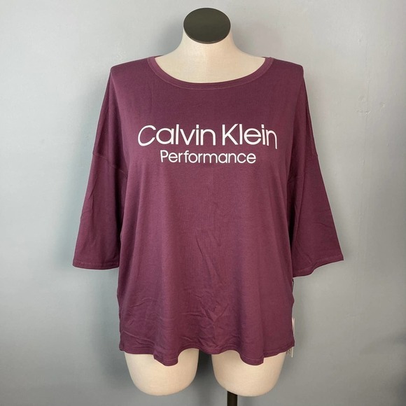 𝅺calvin Klein Performance Cabernet Logo Stretch 3/4 Sleeve Dolman Top Plus 1X - Picture 1 of 12